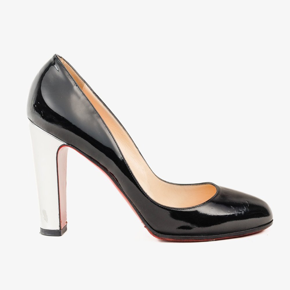 Christian Louboutin Vintage Silver Mirror Heel Black Patent Leather Pump, Sz 8.5